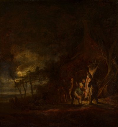 Geschlachtetes Schwein in einer mondbeschienenen Landschaft von Cornelis Symonsz van der Schalcke